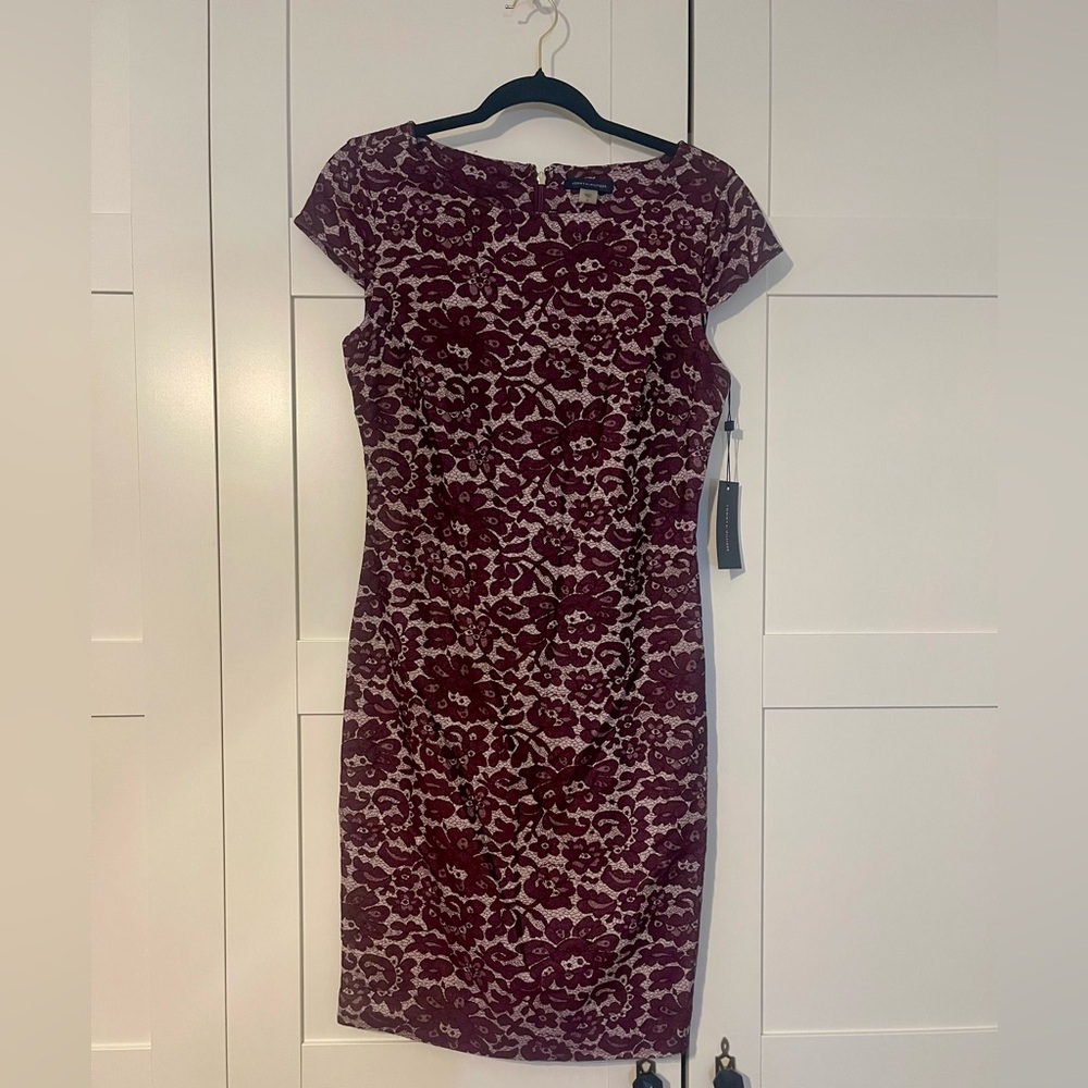Tommy Hilfiger Burgundy Floral Lace-Pattern Midi Dress